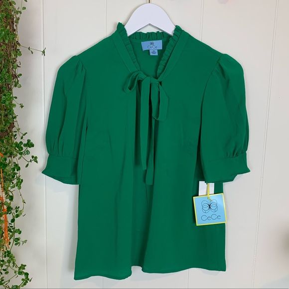 CeCe Tops - CeCe Ruffle Tie Neck Top Green NWT XS